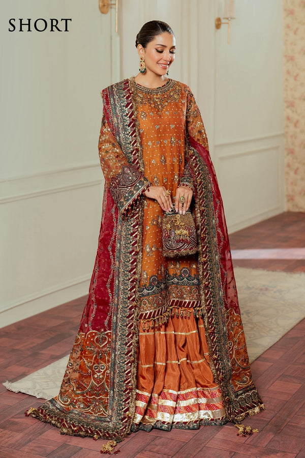 Embroidered Net CH13-01 - Zari net outfit with hand-embellished gotta, sequins, copper tilla, golden panni paper, and embroidered dupatta.