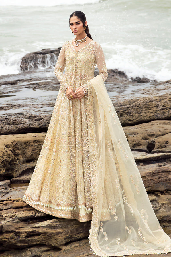 Afrozeh Aroohi organza embroidered dress set with dupatta and raw silk trouser for weddings and special occasions.