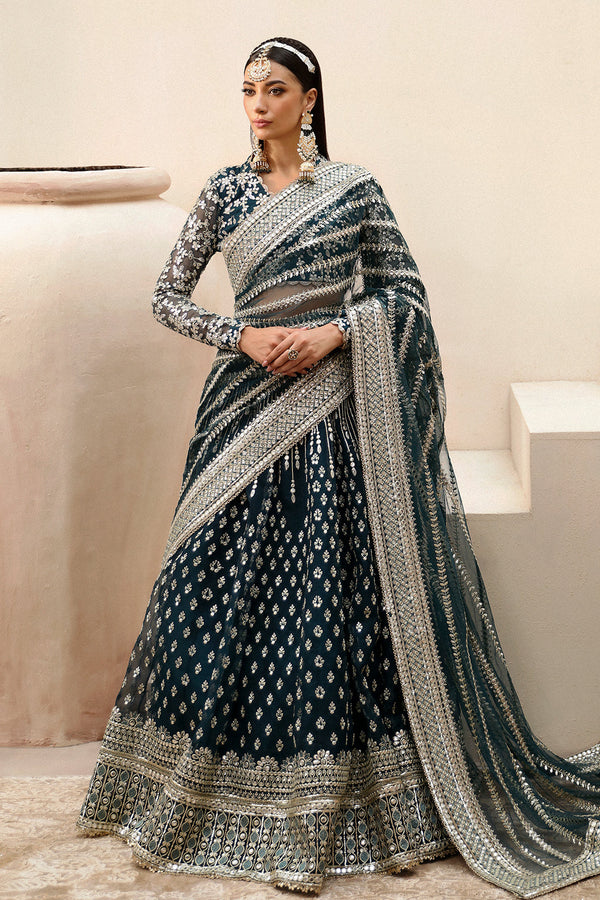 Urooj organza embroidered dress set with dupatta, panels, sleeves, and raw silk dyed trousers.
