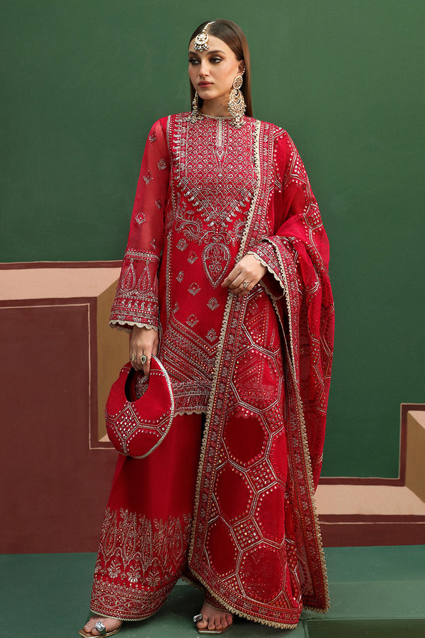 Afrozeh Hoor dress set featuring organza embroidery and raw silk trouser for an elegant look.