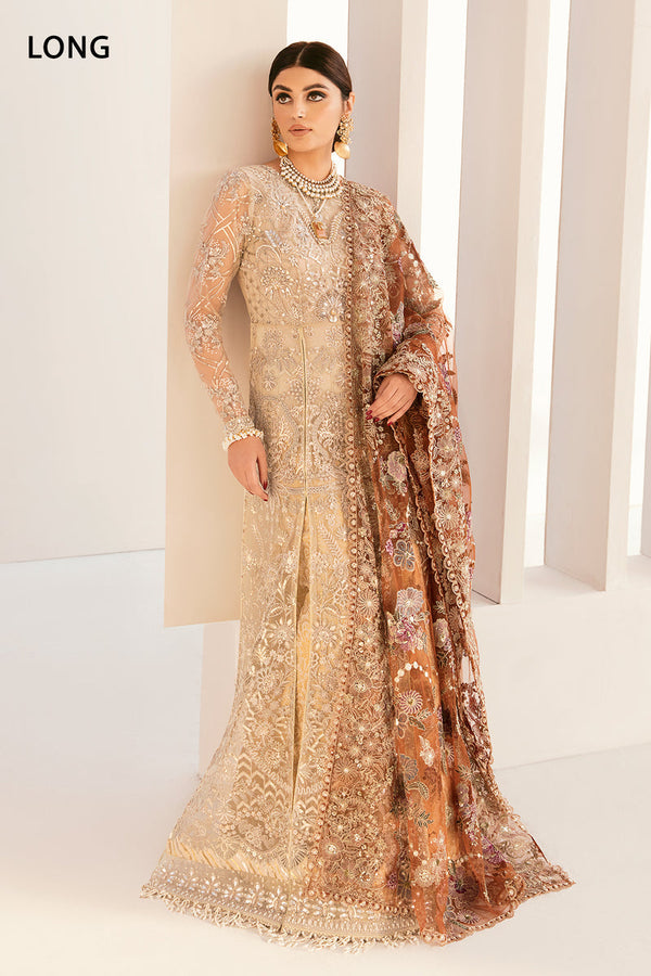 Embroidered Net CH11-03 – A refined net ensemble featuring intricate hand embellishments, an embroidered net dupatta, and a dyed jamawar trouser for a graceful, formal look.