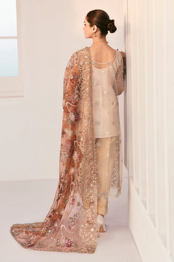 Embroidered Net CH11-03 – A refined net ensemble featuring intricate hand embellishments, an embroidered net dupatta, and a dyed jamawar trouser for a graceful, formal look.