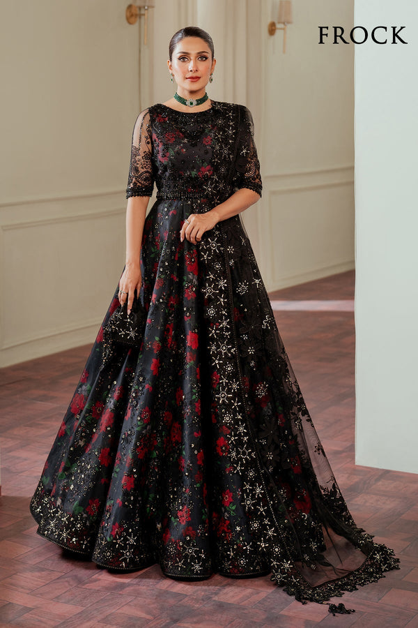 Embroidered Net CH13-05 - Black embroidered net dress with hand-embellished details, floral digital silk lining, and a sequined net dupatta.