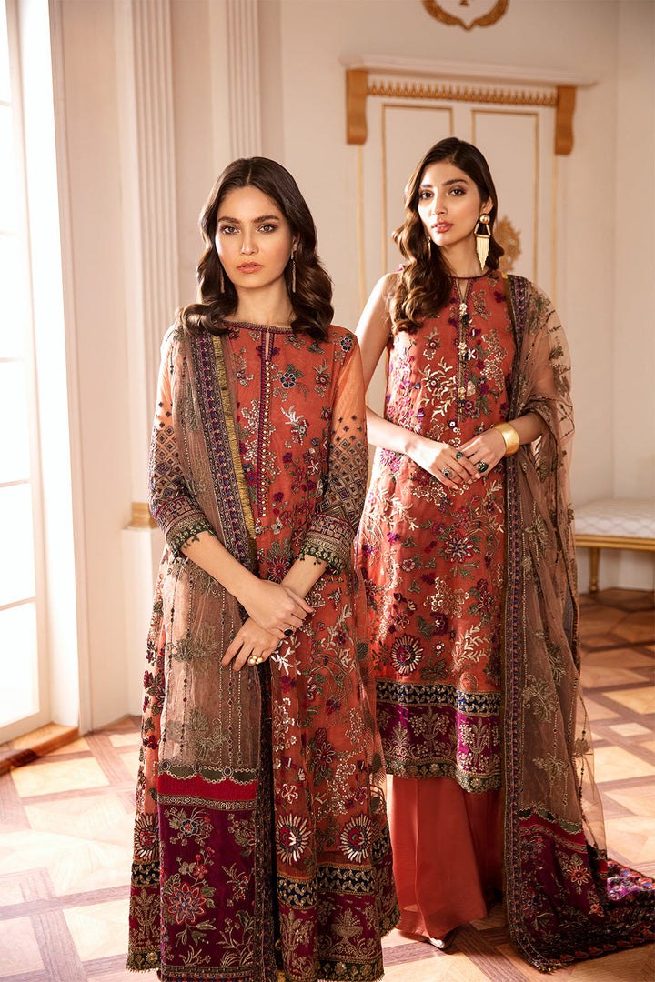 Embroidered Net Dress CH07-03 with Intricate Detailing and Silk Trousers